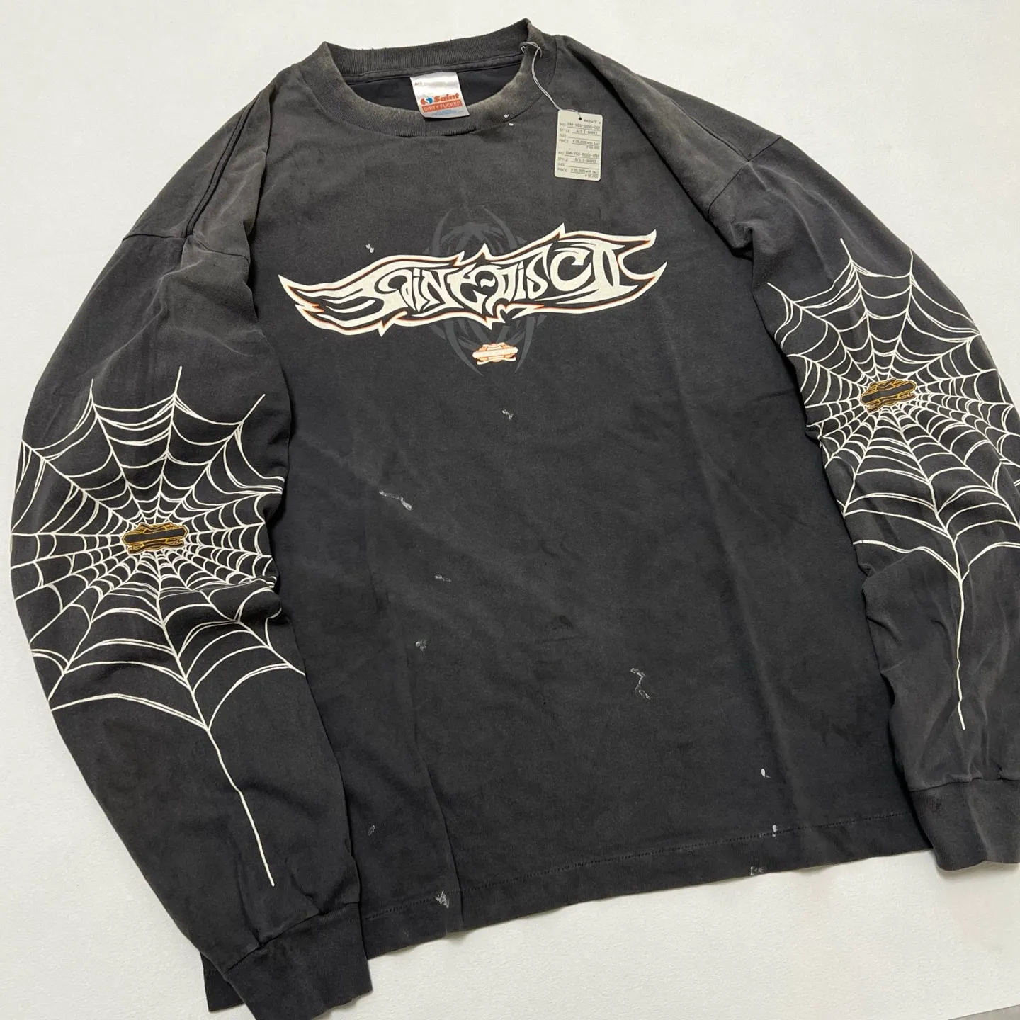 SAINT Mxxxxxx × TEFLON DISCO ML_LS TEE/INSANITY/BLK Spider Web INSANITY Distressed Long Sleeves Washed Black S-XL Ready-to-wear Assute dyeing Maliu water spray fading treatment Customized TEFLON DISCO co-branded accessories Hand-splashed ink Wormhole fraying treatment Authentic level printing process